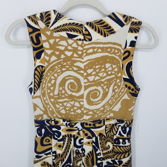 Kay Unger Silk Abstract Paisley Dress 2 A Line Sleeveless V Neck Pleated Navy - Picture 6 of 9